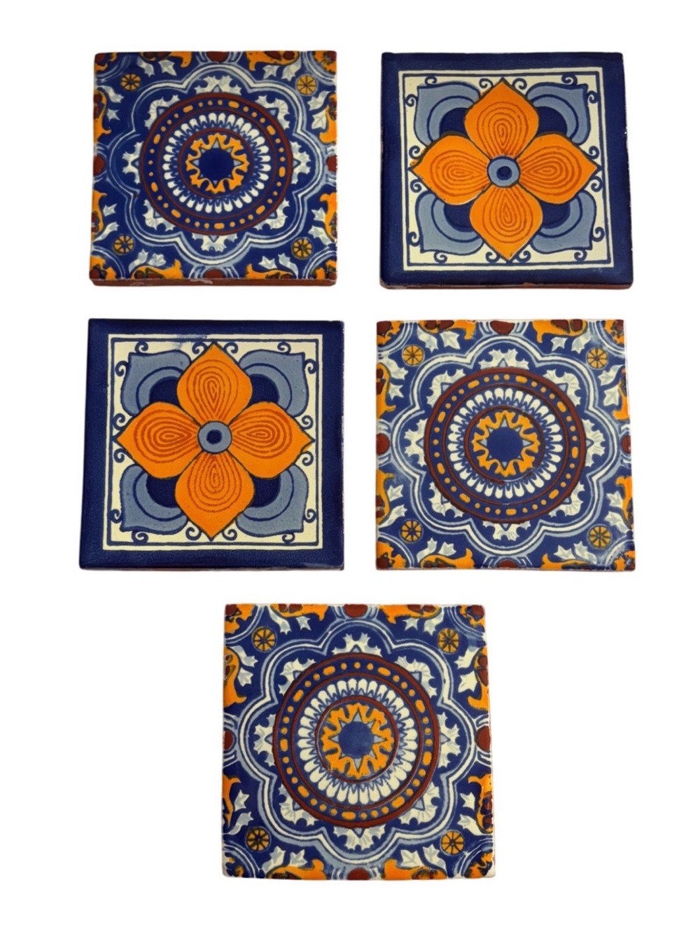 Hand-Painted Geometric Mexican Talavara 4” Ceramic Tiles Set of (5)